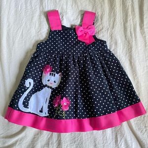 Bonnie Baby Velvet Girl Polkadot Dress, Cat & Hot Pink Ribbon Detail 6-9 months